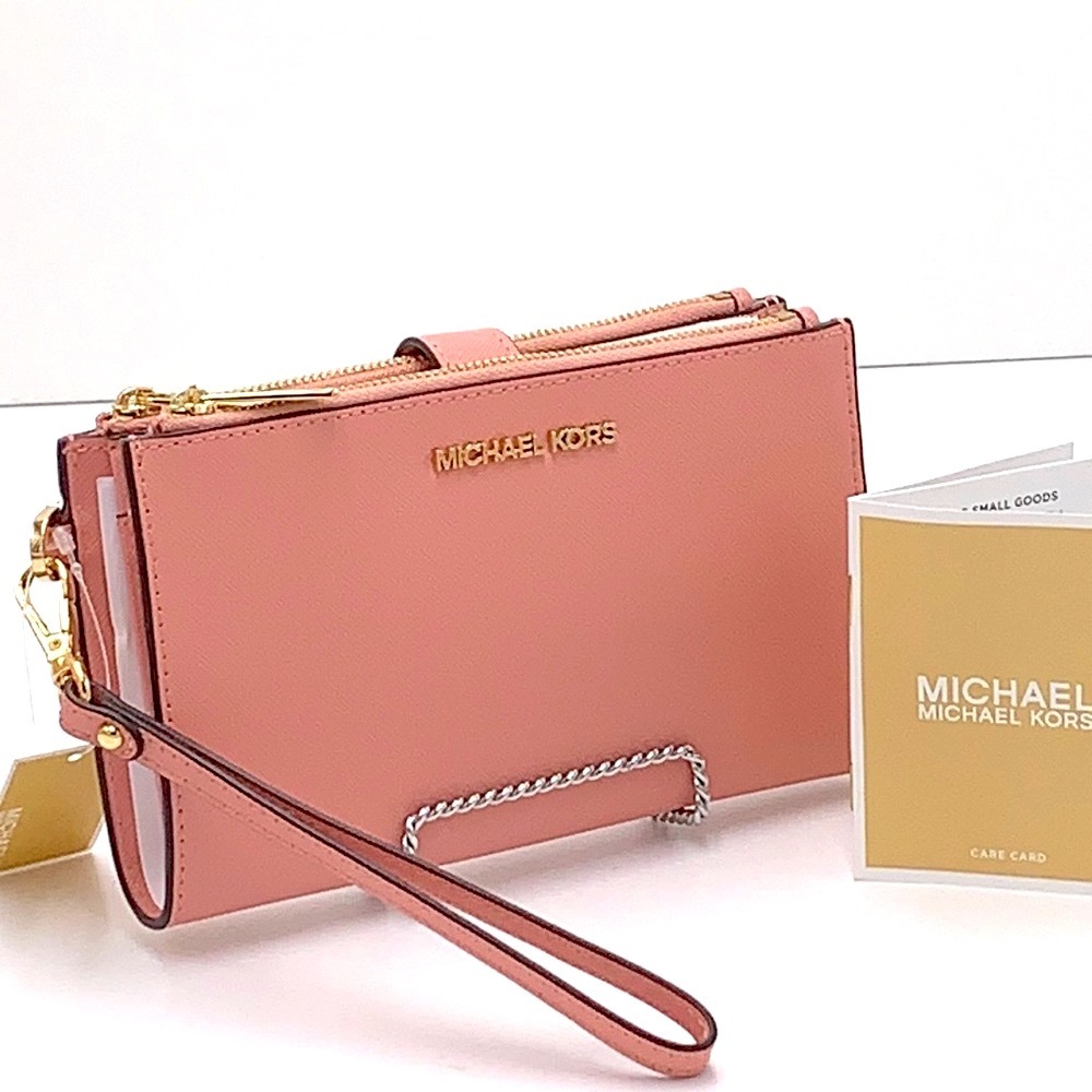 MICHAEL KORS LARGE DOUBLE ZIP WRISTLET WALLET PRIMROSE COLOR
